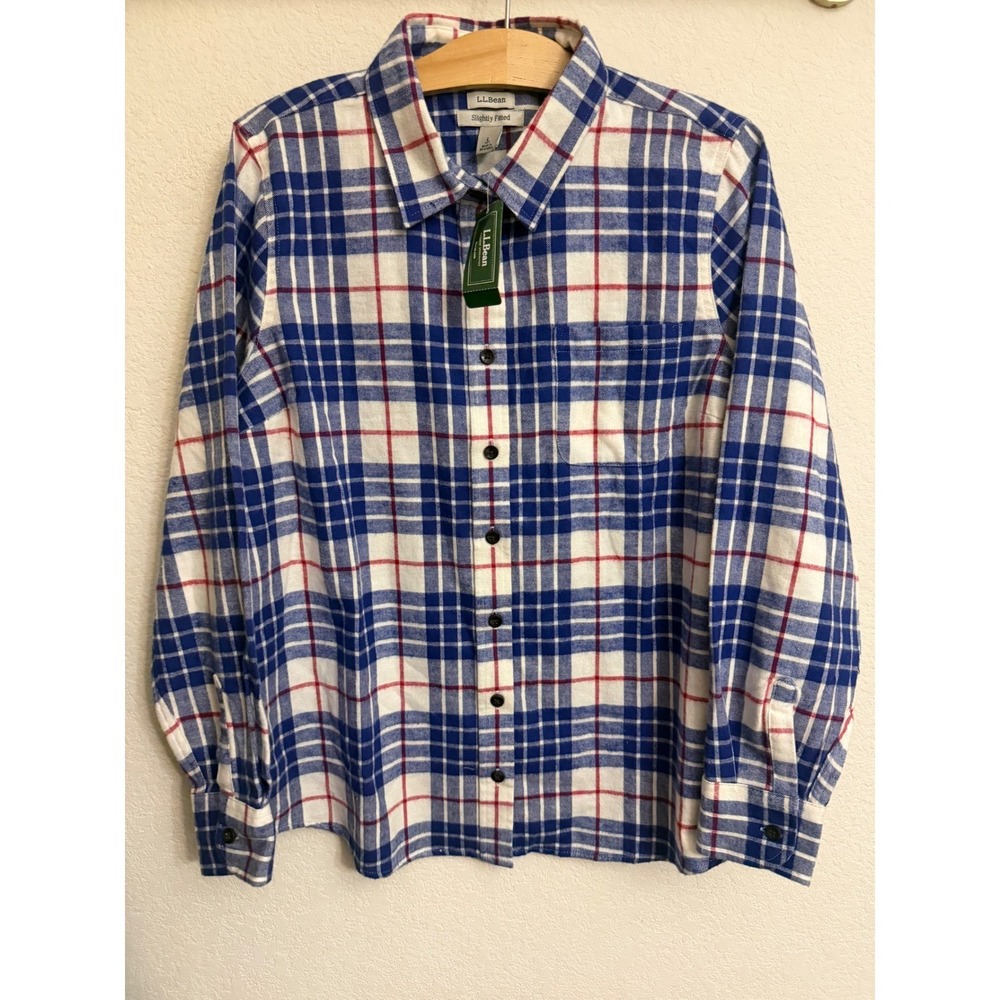 NWT LL Bean Womens L Petite Slightly Fitted Cotton Flannel Plaid Shirt Blue Red